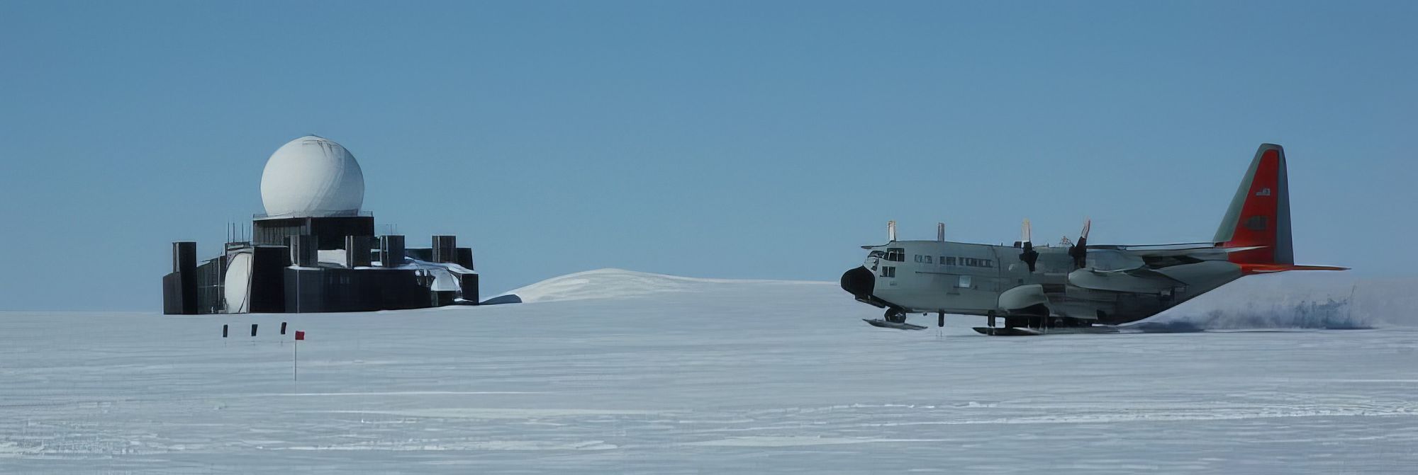 A military radar installation with a landing C-130D aircraft is landing on the right in the Iceland arctic.